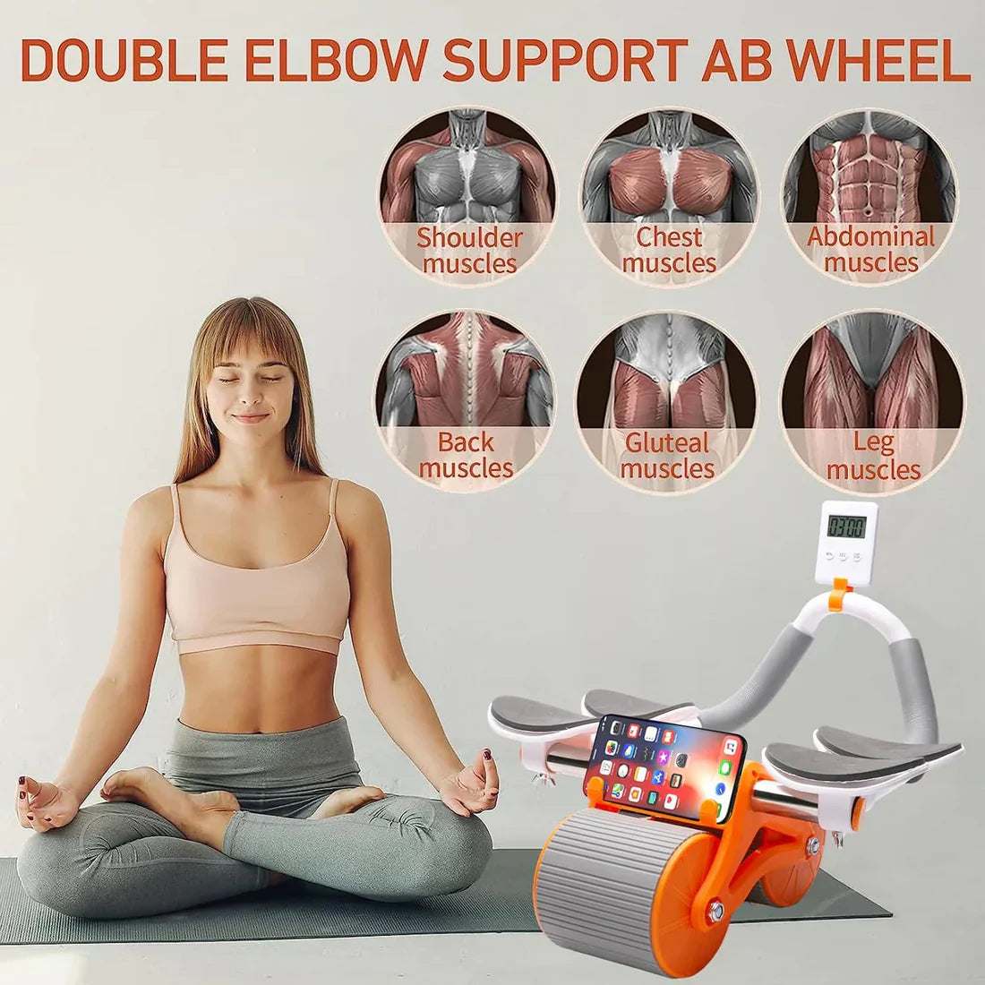 Automatic Exercise Roller Wheel with Dual Elbow Support and Timer